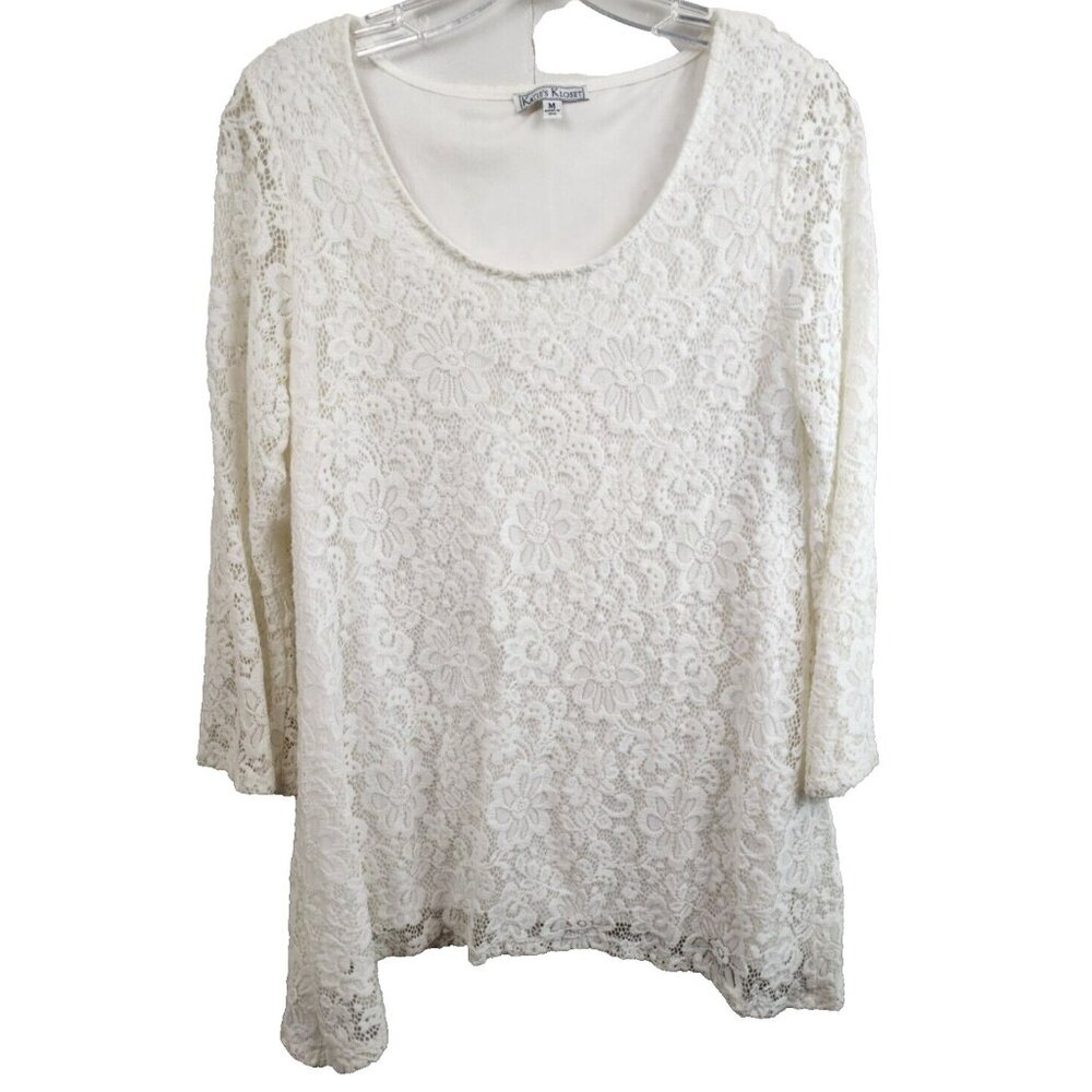 Katies Kloset Womens Lace Tunic‎ Top Medium White Sharkbite 3/4 Sleeve Fairy